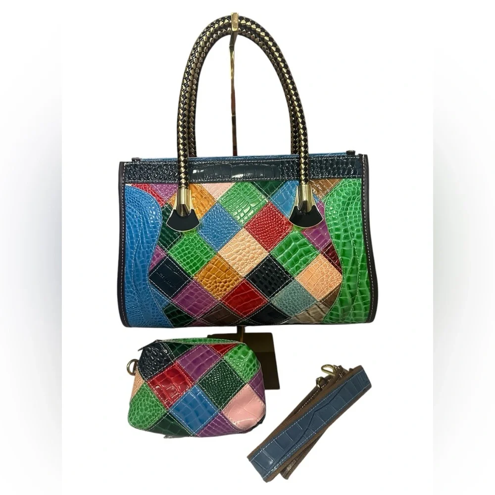 Chaos by Elsie NWT Set of Multicolor Croc Embossed Leather Satchel & Pouch